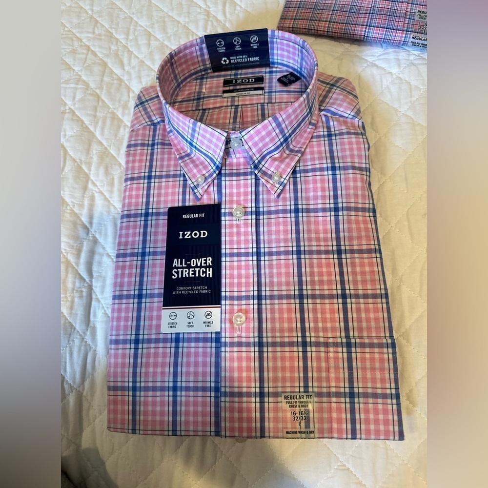 IZOD Men's Casual Pink and Blue Plaid Shirt